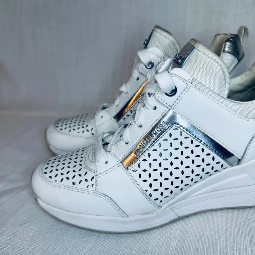 Michael Kors Georgie White Silver Laser Cut Wedge Sneakers Fashion Trainers